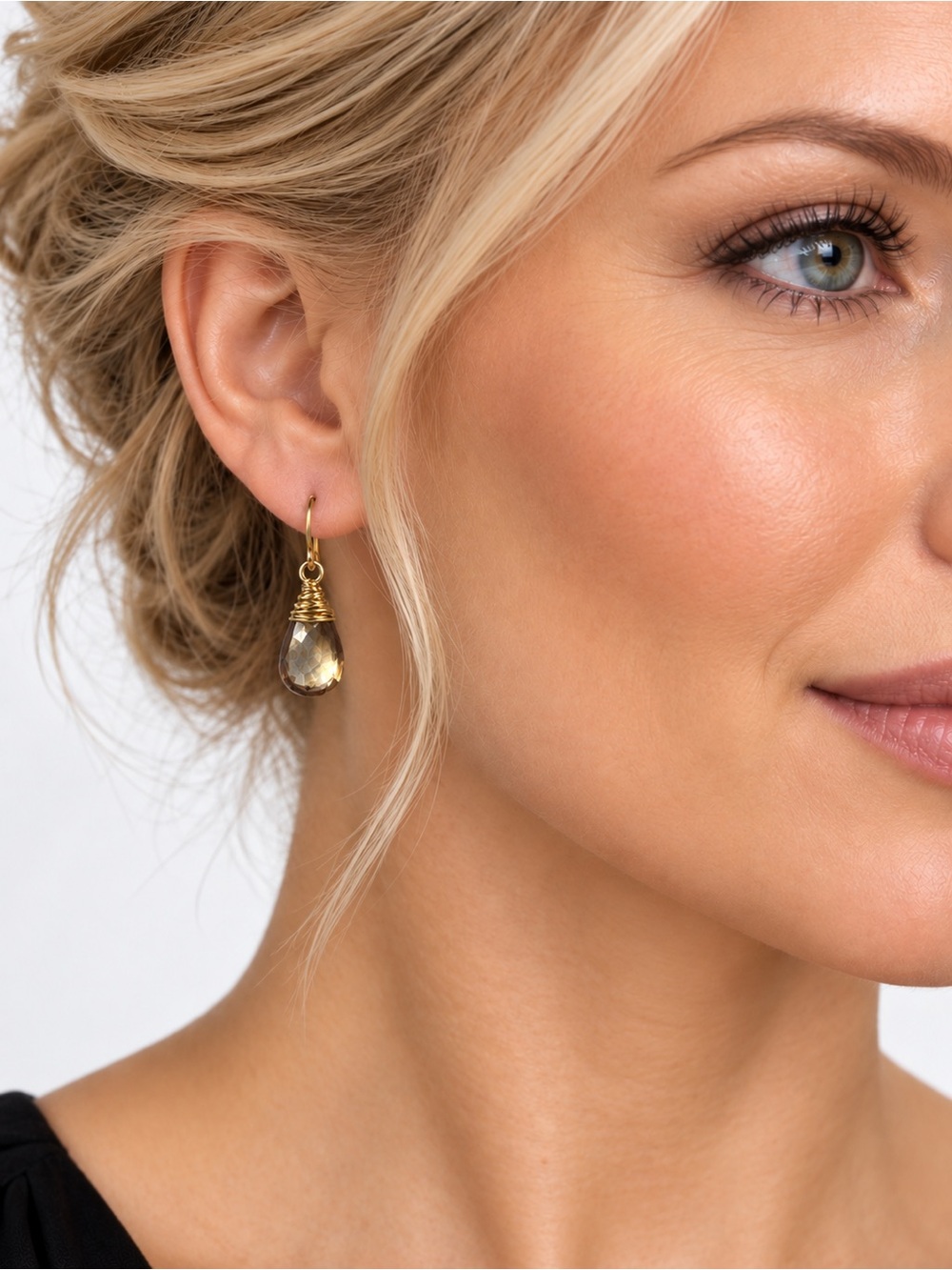 Champagne Quartz Gold Wrapped Dangle Hook Earrings